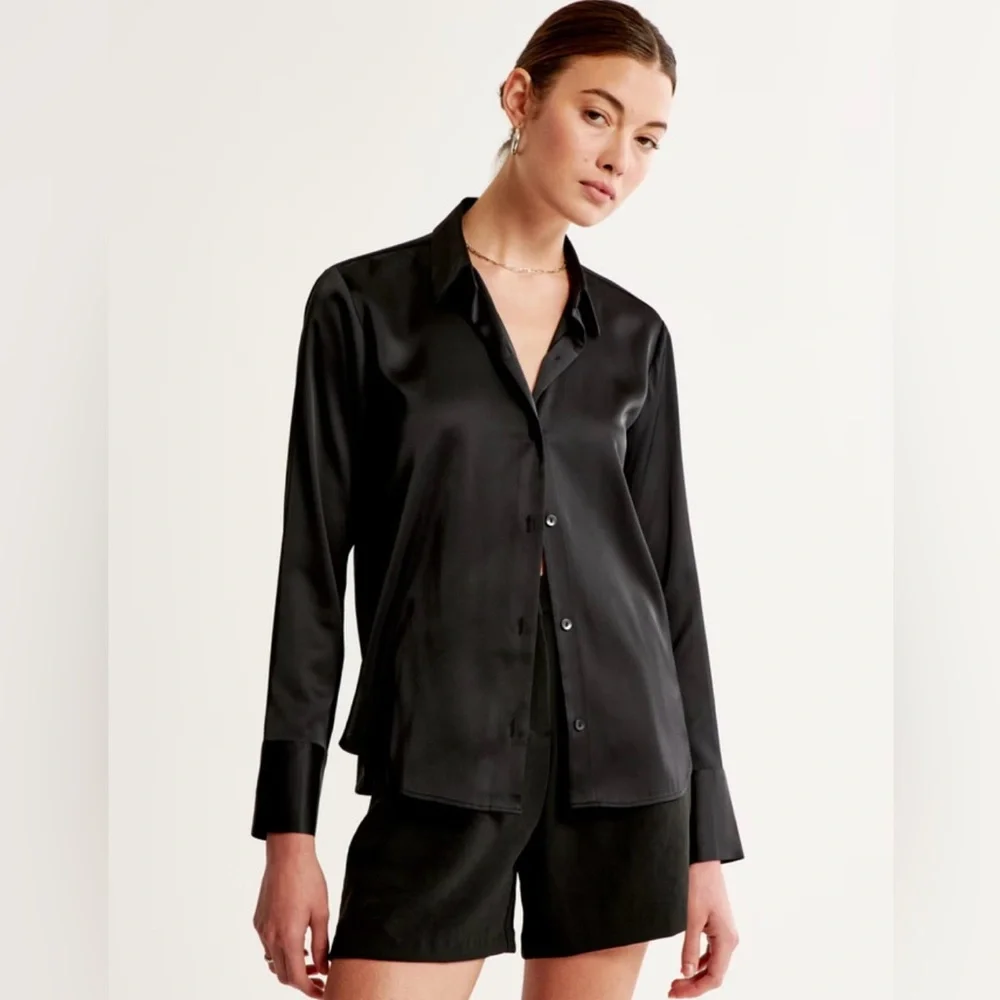 Abercrombie & Fitch Long-Sleeve Satin Button-Up Shirt - Picture 1 of 13